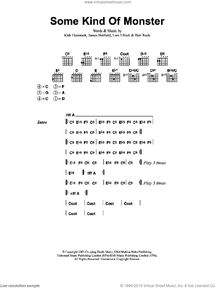Some Kind Of Monster sheet music for guitar (chords) by Metallica, Bob Rock, James Hetfield, Kirk Hammett and Lars Ulrich, intermediate skill level