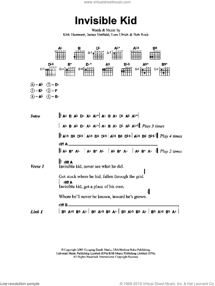 Invisible Kid sheet music for guitar (chords) by Metallica, Bob Rock, James Hetfield, Kirk Hammett and Lars Ulrich, intermediate skill level