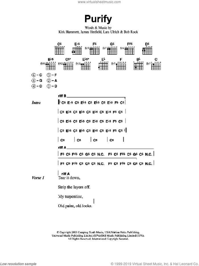 Purify sheet music for guitar (chords) by Metallica, Bob Rock, James Hetfield, Kirk Hammett and Lars Ulrich, intermediate skill level