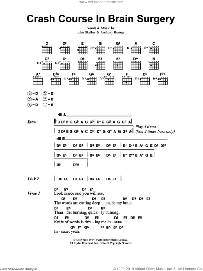 Crash Course In Brain Surgery sheet music for guitar (chords) by Metallica, Anthony Bourge and John Shelley, intermediate skill level