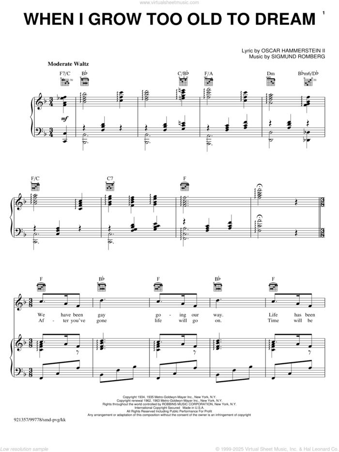 When I Grow Too Old To Dream sheet music for voice, piano or guitar by Louis Armstrong, Dizzy Gillespie, Oscar II Hammerstein and Sigmund Romberg, intermediate skill level