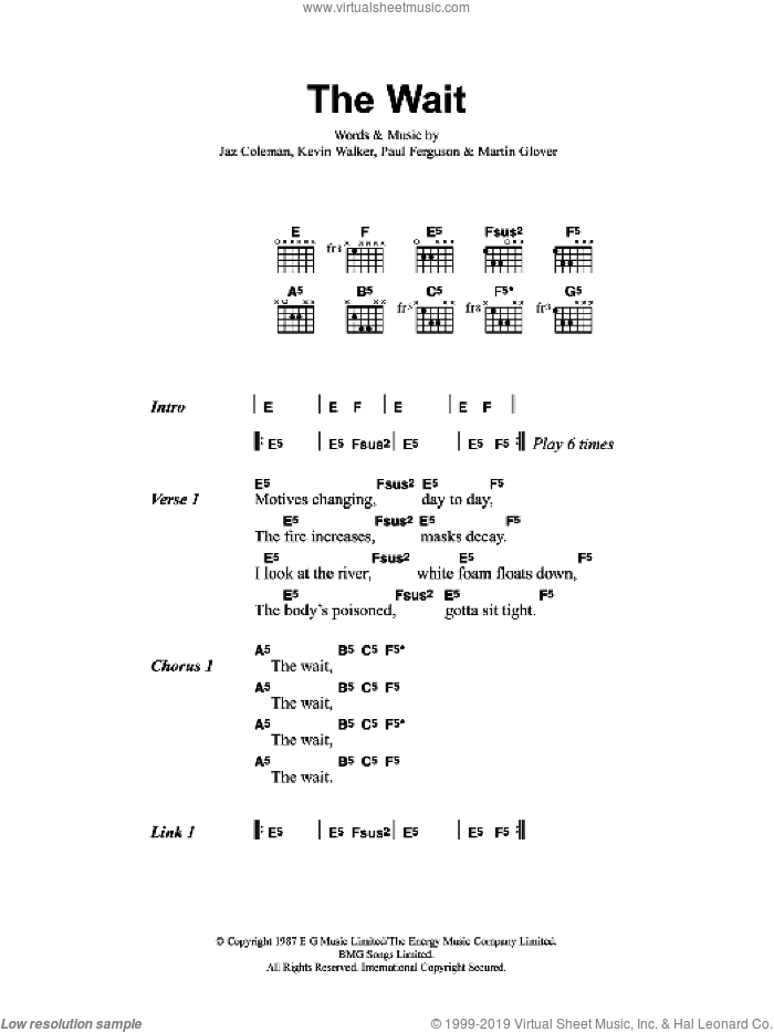 The Wait sheet music for guitar (chords) by Metallica, Jaz Coleman, Kevin Walker, Martin Glover and Paul Ferguson, intermediate skill level