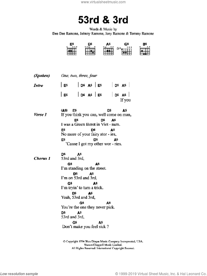 53rd And 3rd sheet music for guitar (chords) by Metallica, Dee Dee Ramone, Joey Ramone, Johnny Ramone and Tommy Ramone, intermediate skill level