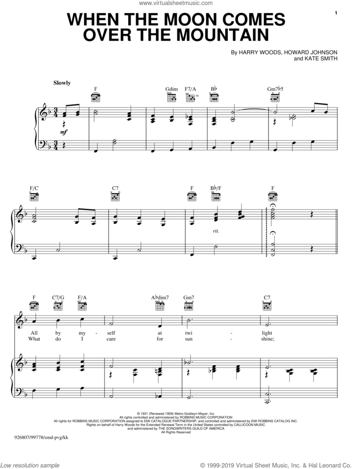 When The Moon Comes Over The Mountain sheet music for voice, piano or guitar by Kate Smith, Harry Woods and Howard Johnson, intermediate skill level