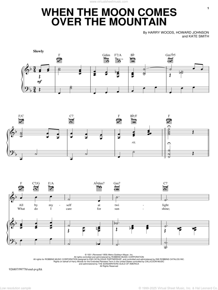 When The Moon Comes Over The Mountain sheet music for voice, piano or guitar by Kate Smith, Harry Woods and Howard Johnson, intermediate skill level