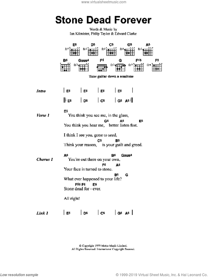 Stone Dead Forever sheet music for guitar (chords) by Metallica, Edward Clarke, Ian Kilmister and Philip Taylor, intermediate skill level