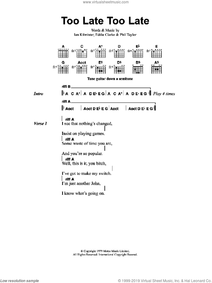 Too Late, Too Late sheet music for guitar (chords) by Metallica, Edward Clarke, Ian Kilmister and Phil Taylor, intermediate skill level