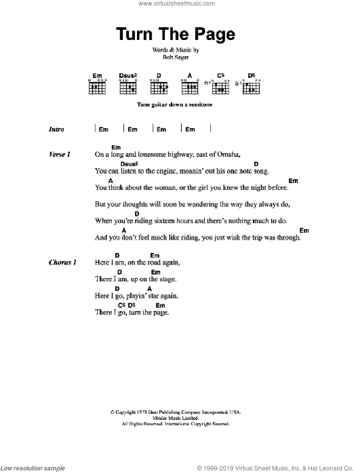 Turn The Page sheet music for guitar (chords) by Metallica and Bob Seger, intermediate skill level