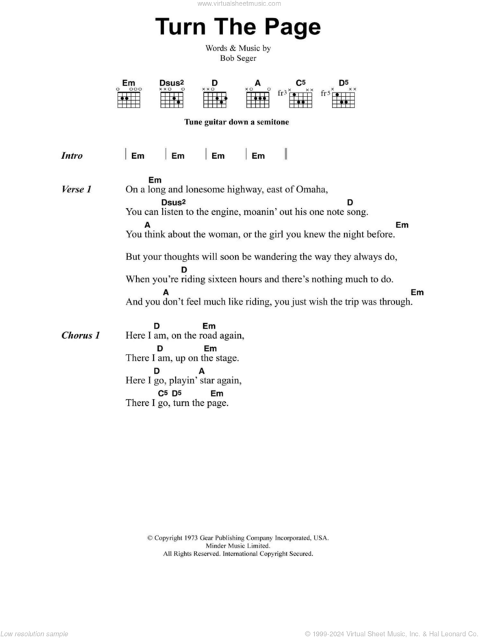 Turn The Page sheet music for guitar (chords) by Metallica and Bob Seger, intermediate skill level