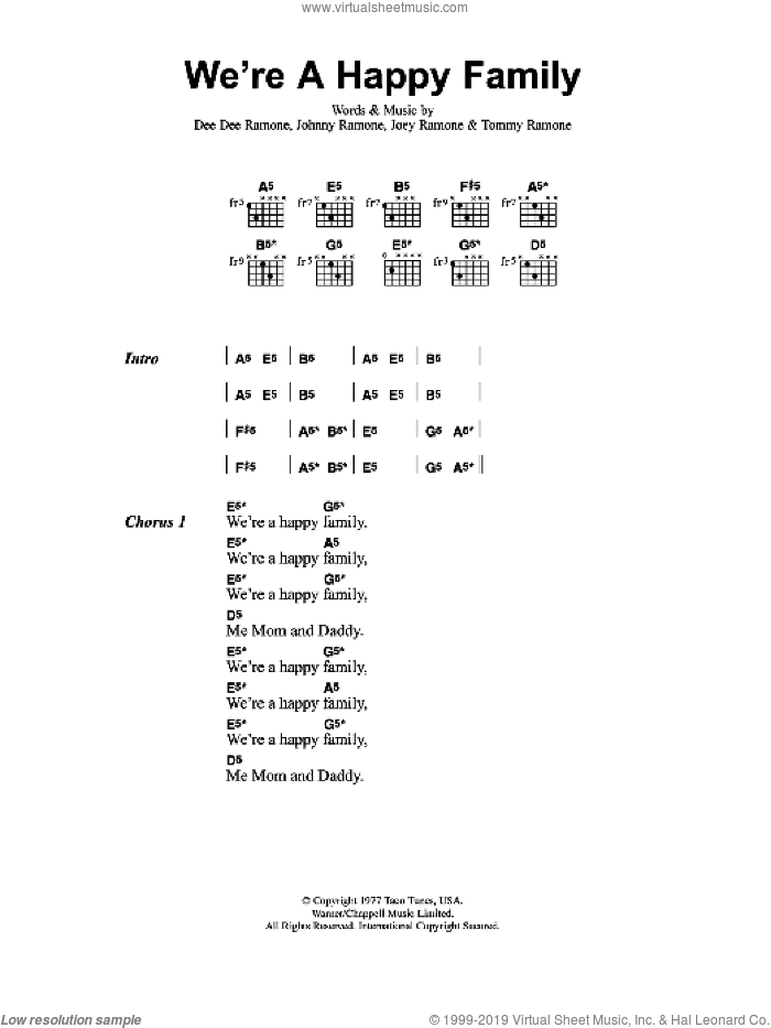 We're A Happy Family sheet music for guitar (chords) by Metallica, Dee Dee Ramone, Joey Ramone, Johnny Ramone and Tommy Ramone, intermediate skill level