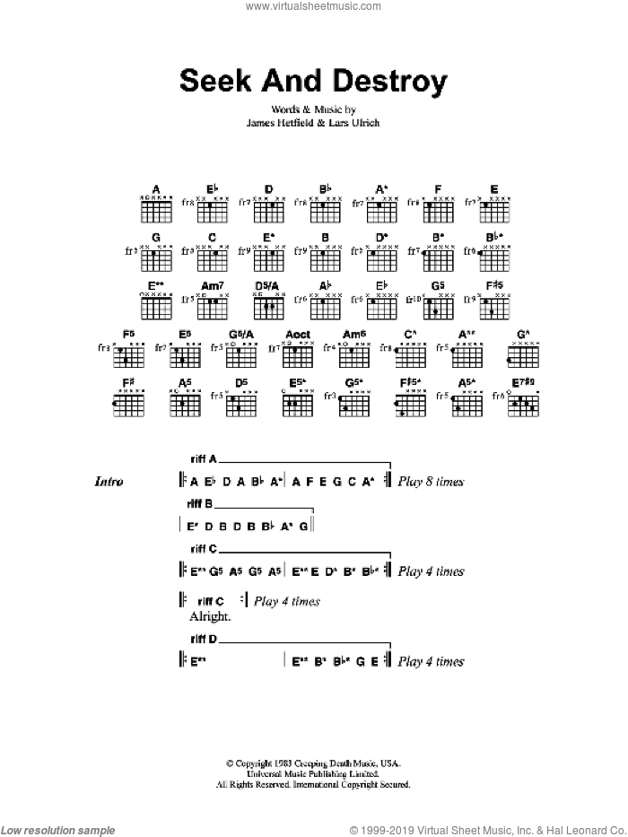 Seek And Destroy sheet music for guitar (chords) by Metallica, James Hetfield and Lars Ulrich, intermediate skill level