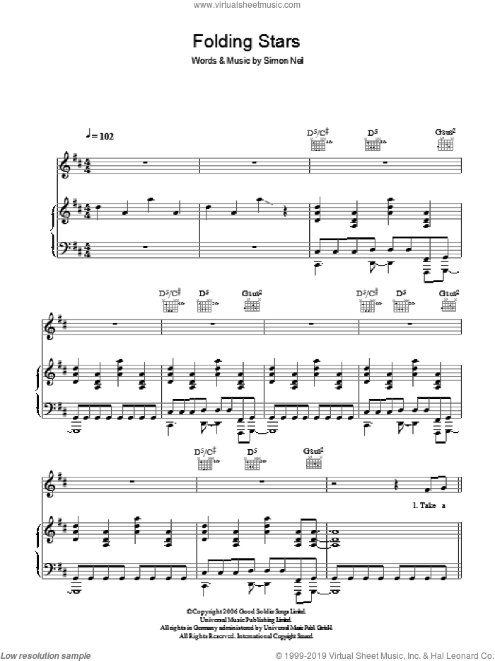 Folding Stars sheet music for voice, piano or guitar by Biffy Clyro and Simon Neil, intermediate skill level