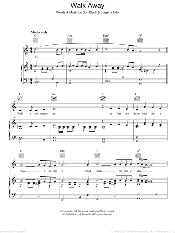 Walk Away sheet music for voice, piano or guitar by Udo Jurgens and Don Black, intermediate skill level