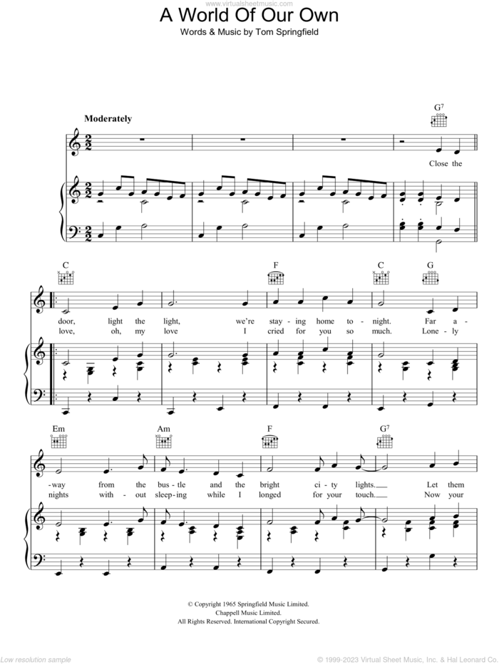 A World Of Our Own sheet music for voice, piano or guitar by Tom Springfield, intermediate skill level