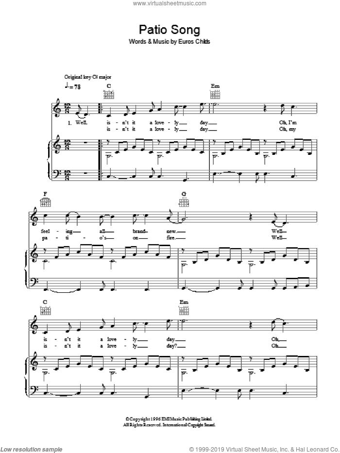 Patio Song sheet music for voice, piano or guitar by Gorky's Zygotic Mynci and Euros Childs, intermediate skill level