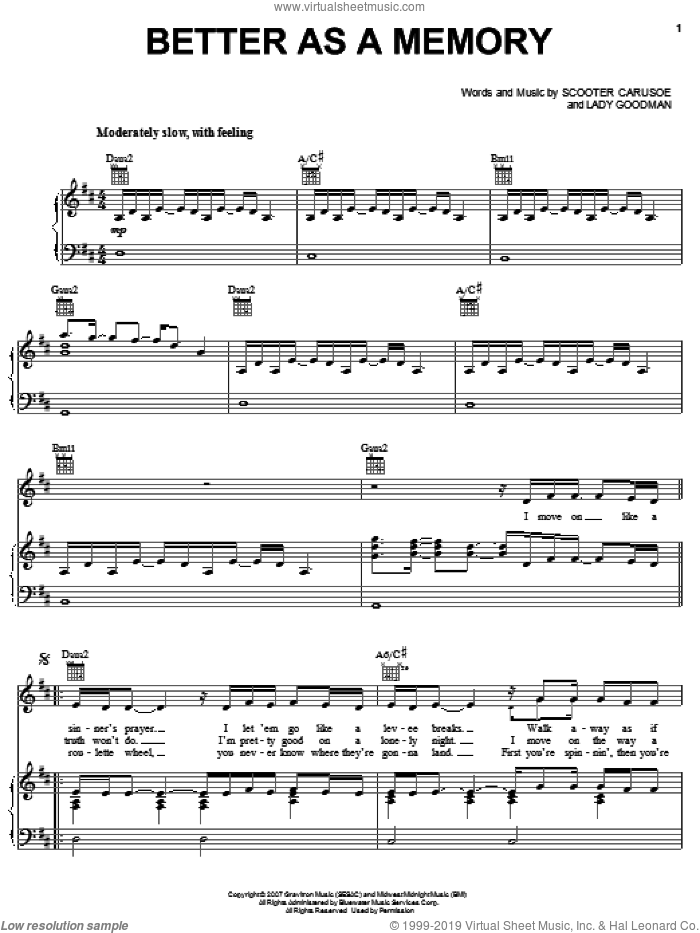 Better As A Memory sheet music for voice, piano or guitar by Kenny Chesney, Lady Goodman and Scooter Carusoe, intermediate skill level
