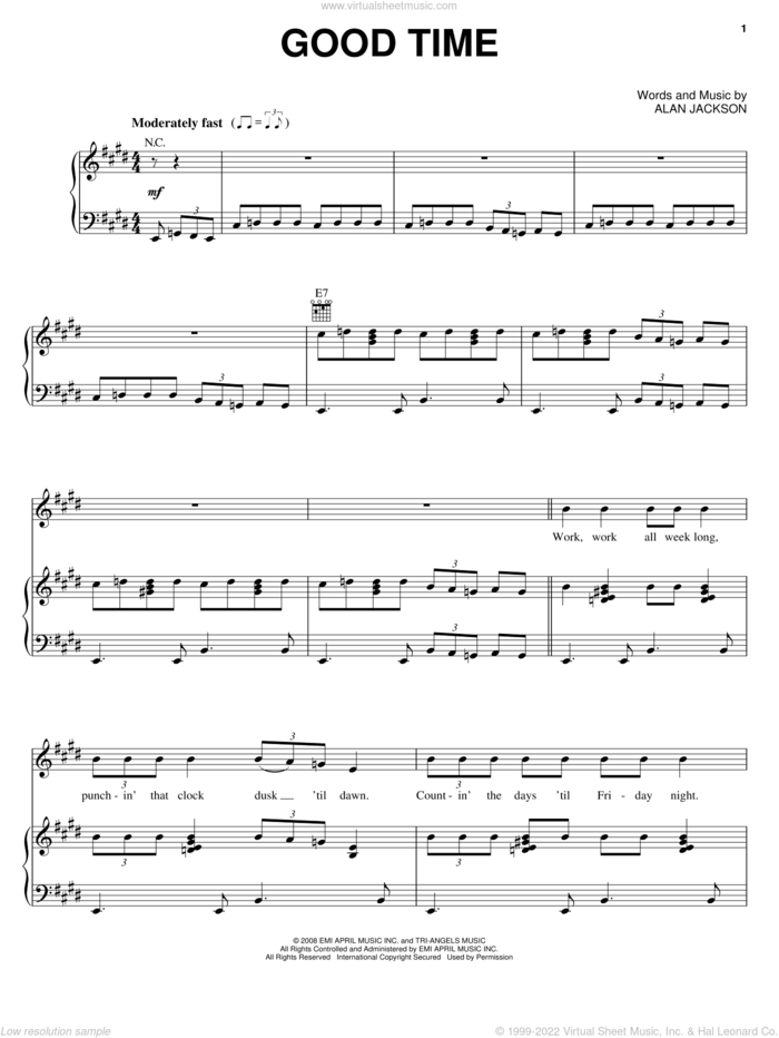 Good Time sheet music for voice, piano or guitar by Alan Jackson, intermediate skill level