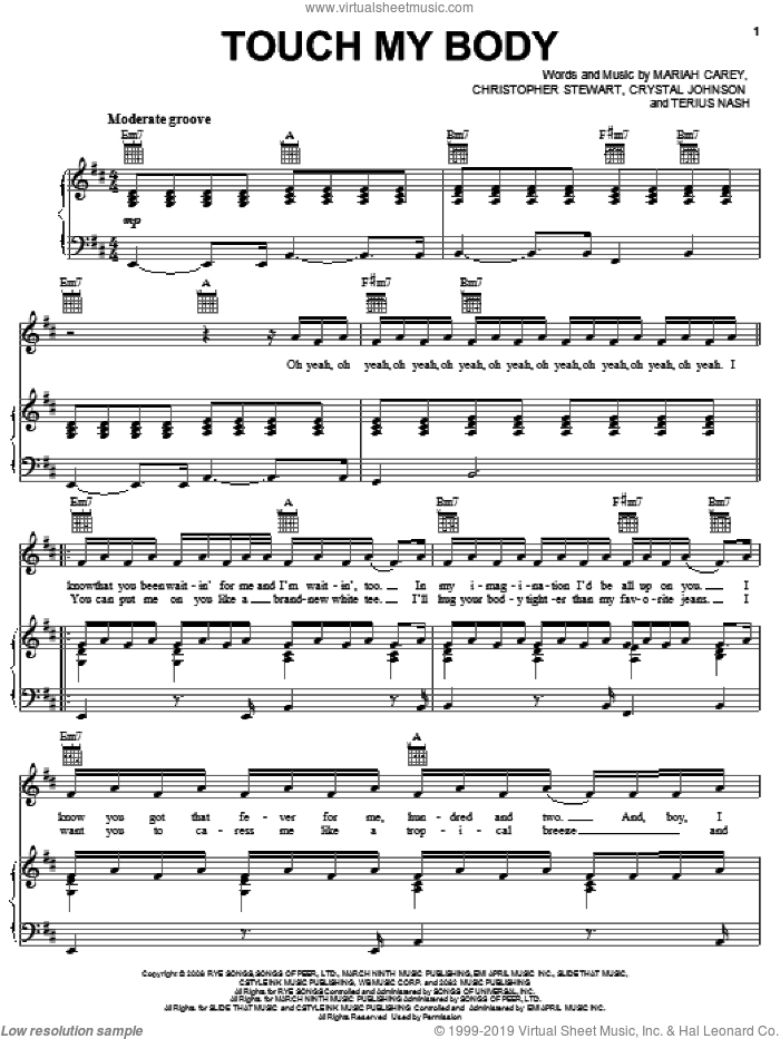 Touch My Body sheet music for voice, piano or guitar by Mariah Carey, Christopher Stewart, Crystal Johnson and Terius Nash, intermediate skill level