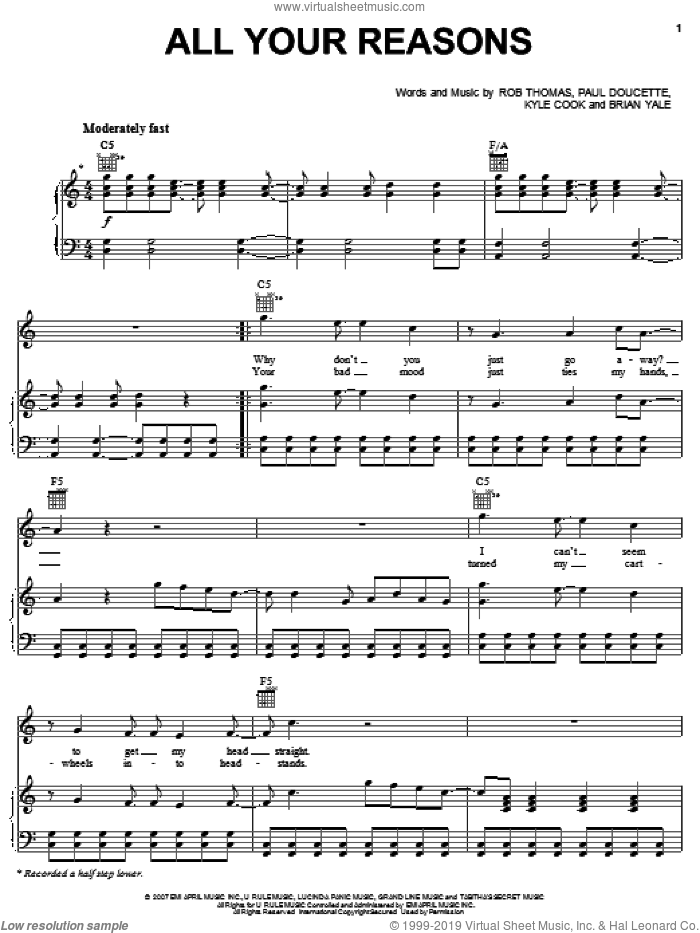 All Your Reasons sheet music for voice, piano or guitar by Matchbox Twenty, Matchbox 20, Brian Yale, Kyle Cook, Paul Doucette and Rob Thomas, intermediate skill level