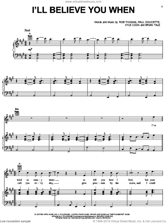 I'll Believe You When sheet music for voice, piano or guitar by Matchbox Twenty, Matchbox 20, Brian Yale, Kyle Cook, Paul Doucette and Rob Thomas, intermediate skill level