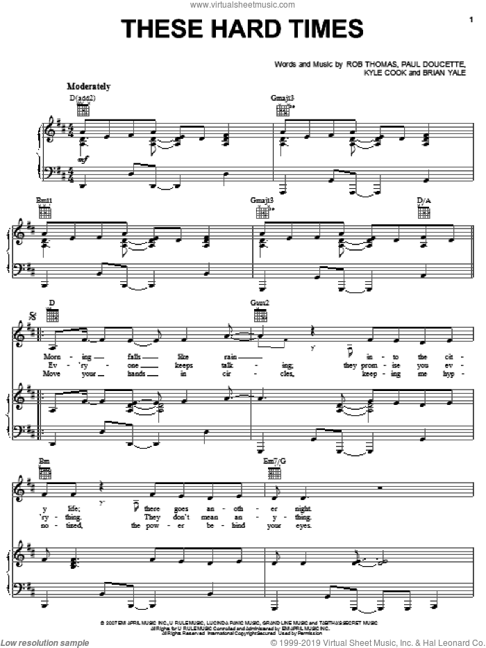 These Hard Times sheet music for voice, piano or guitar by Matchbox Twenty, Matchbox 20, Brian Yale, Kyle Cook, Paul Doucette and Rob Thomas, intermediate skill level