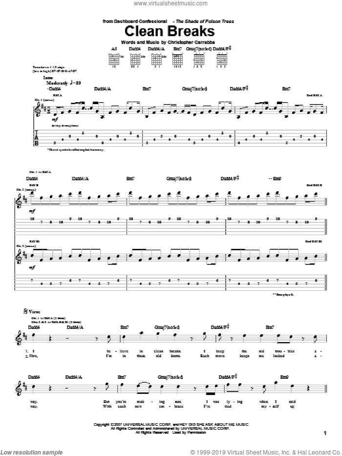Clean Breaks sheet music for guitar (tablature) by Dashboard Confessional and Chris Carrabba, intermediate skill level