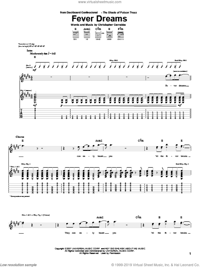 Fever Dreams sheet music for guitar (tablature) by Dashboard Confessional and Chris Carrabba, intermediate skill level