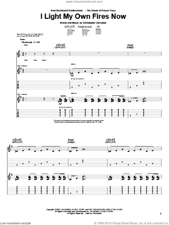 I Light My Own Fires Now sheet music for guitar (tablature) by Dashboard Confessional and Chris Carrabba, intermediate skill level