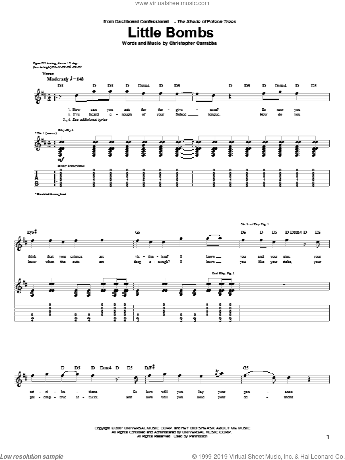 Little Bombs sheet music for guitar (tablature) by Dashboard Confessional and Chris Carrabba, intermediate skill level