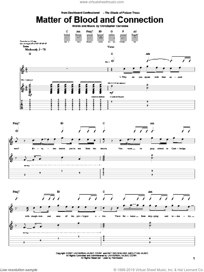 Matter Of Blood And Connection sheet music for guitar (tablature) by Dashboard Confessional and Chris Carrabba, intermediate skill level