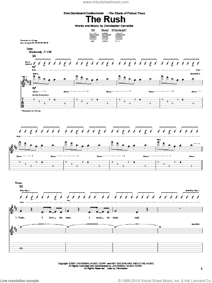 The Rush sheet music for guitar (tablature) by Dashboard Confessional and Chris Carrabba, intermediate skill level