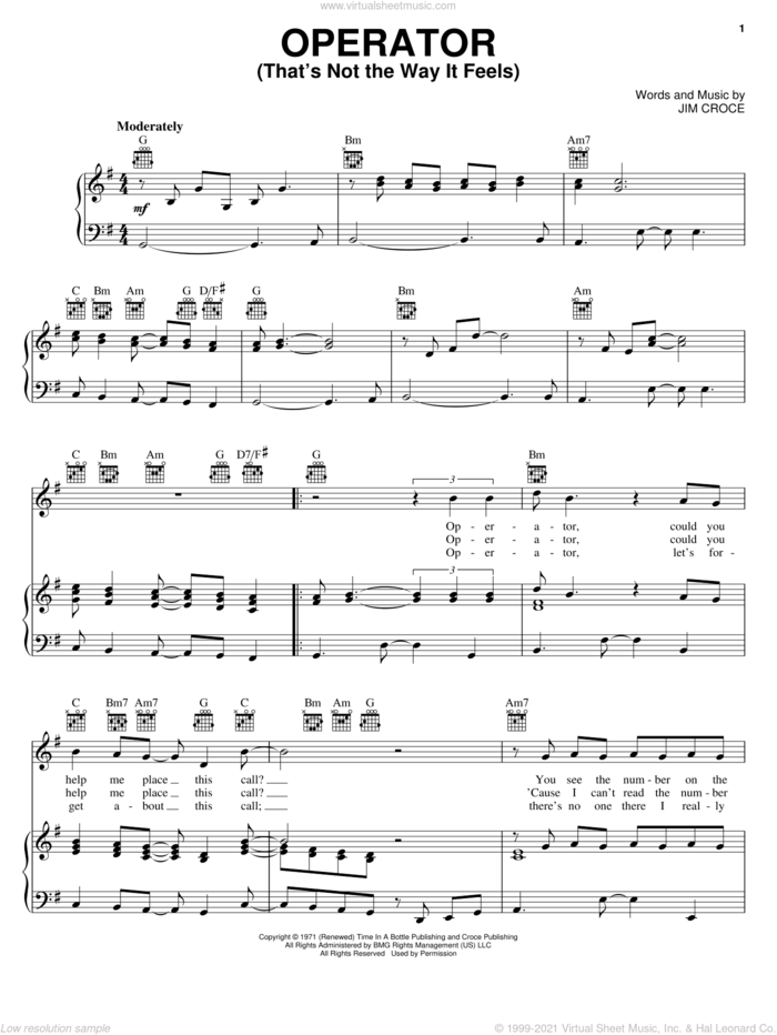Operator (That's Not The Way It Feels) sheet music for voice, piano or guitar by Jim Croce, intermediate skill level