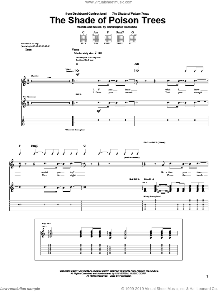 The Shade Of Poison Trees sheet music for guitar (tablature) by Dashboard Confessional and Chris Carrabba, intermediate skill level
