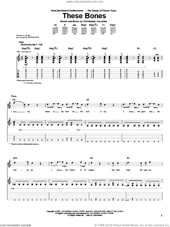 These Bones sheet music for guitar (tablature) by Dashboard Confessional and Chris Carrabba, intermediate skill level