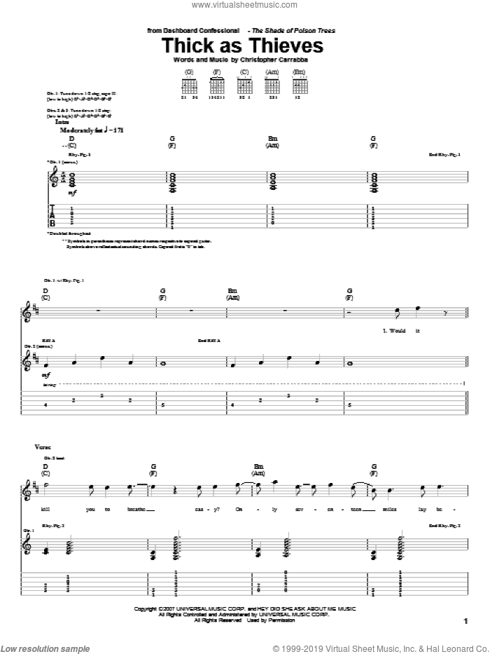 Thick As Thieves sheet music for guitar (tablature) by Dashboard Confessional and Chris Carrabba, intermediate skill level