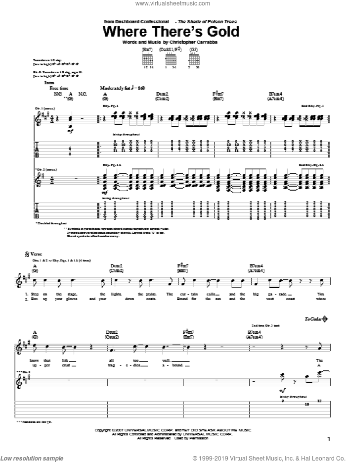 Where There's Gold sheet music for guitar (tablature) by Dashboard Confessional and Chris Carrabba, intermediate skill level