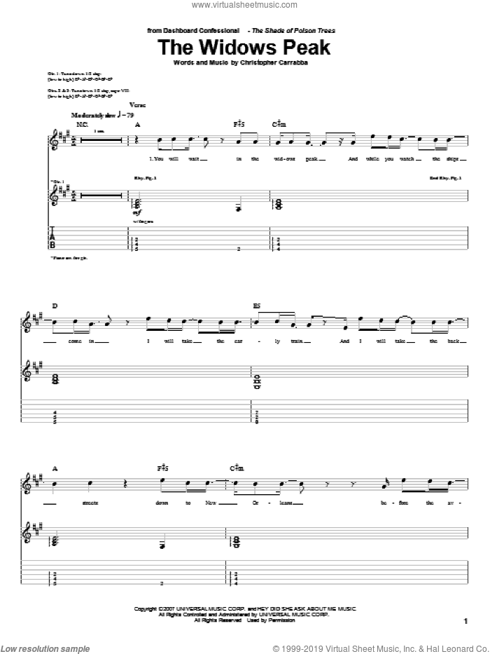 The Widows Peak sheet music for guitar (tablature) by Dashboard Confessional and Chris Carrabba, intermediate skill level