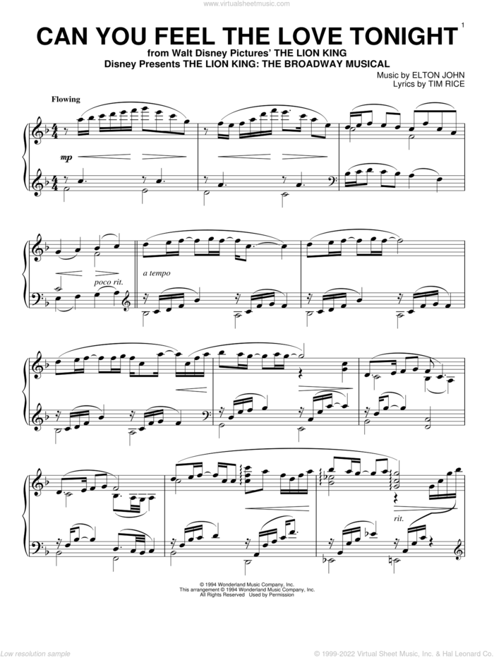Can You Feel The Love Tonight (from The Lion King), (intermediate) sheet music for piano solo by Elton John, The Lion King and Tim Rice, wedding score, intermediate skill level