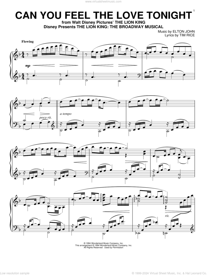 Can You Feel The Love Tonight (from The Lion King), (intermediate) sheet music for piano solo by Elton John, The Lion King and Tim Rice, wedding score, intermediate skill level