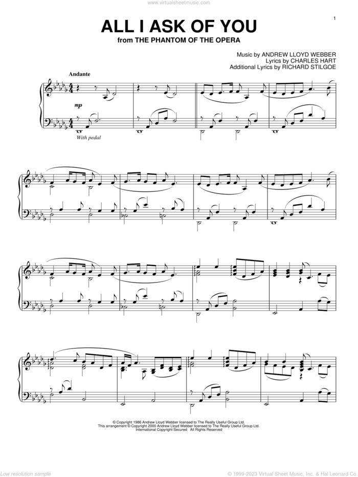 All I Ask Of You (from The Phantom Of The Opera) sheet music for piano solo by Andrew Lloyd Webber, The Phantom Of The Opera (Musical), Charles Hart and Richard Stilgoe, wedding score, intermediate skill level