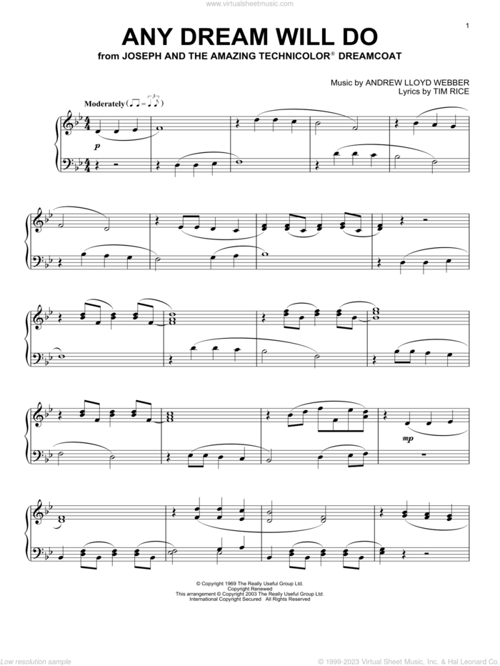 Any Dream Will Do sheet music for piano solo by Andrew Lloyd Webber, Joseph And The Amazing Technicolor Dreamcoat (Musical) and Tim Rice, intermediate skill level
