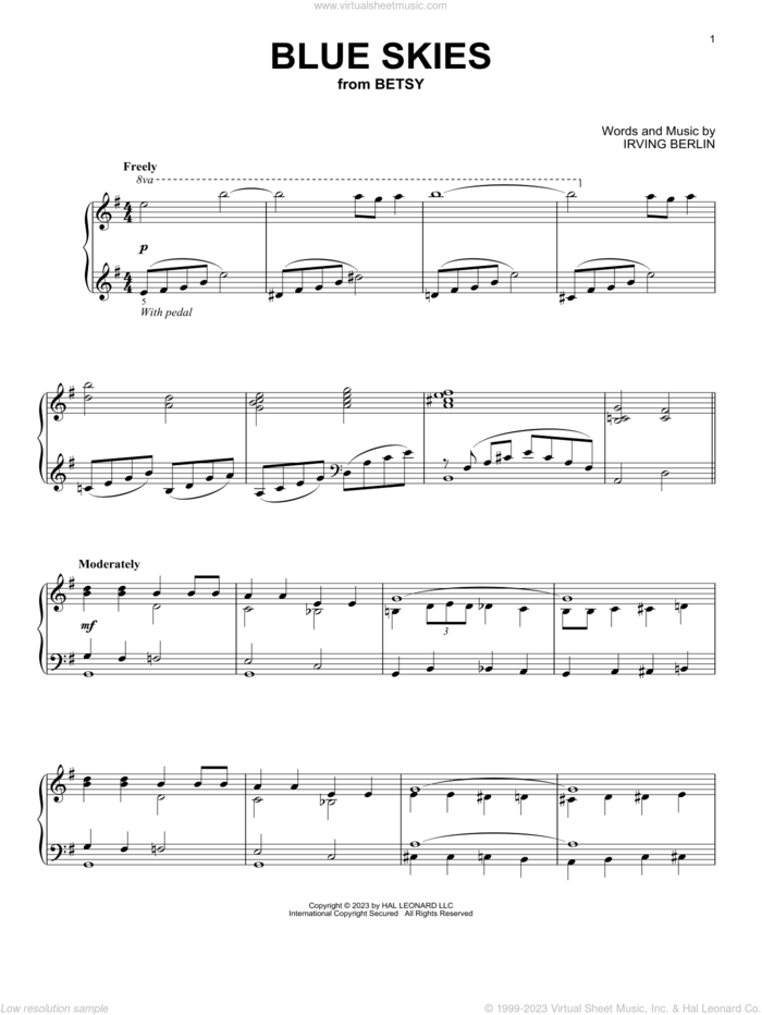 Blue Skies sheet music for piano solo by Irving Berlin, intermediate skill level