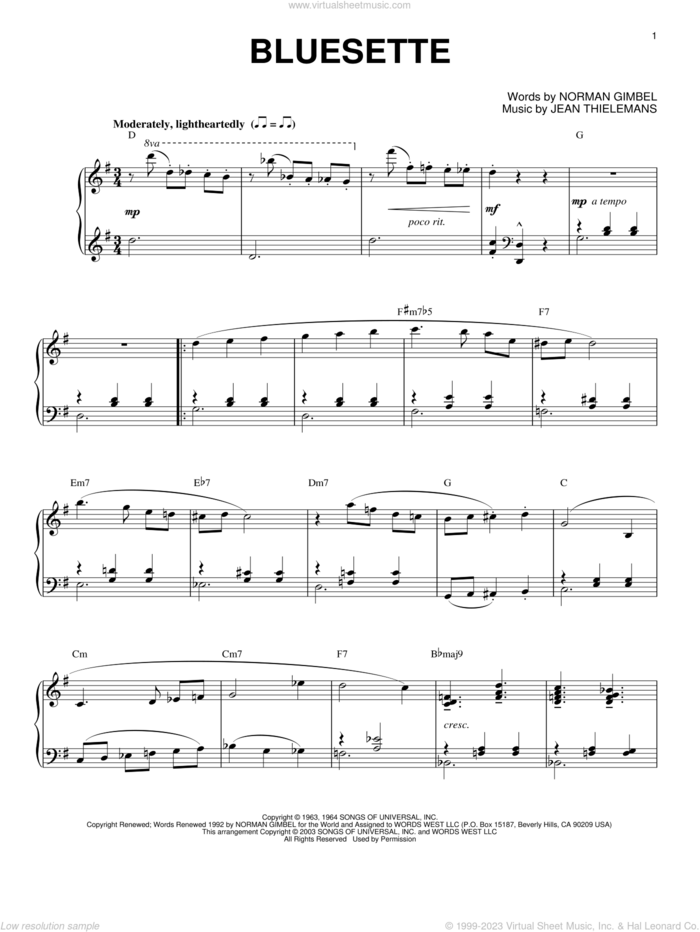 Bluesette sheet music for piano solo by Toots Thielemans, Jean Thielemans and Norman Gimbel, intermediate skill level