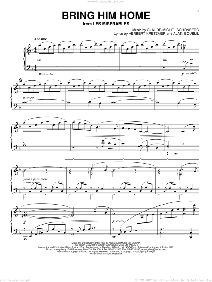 Bring Him Home sheet music for piano solo by Alain Boublil, Claude-Michel Schonberg and Herbert Kretzmer, intermediate skill level