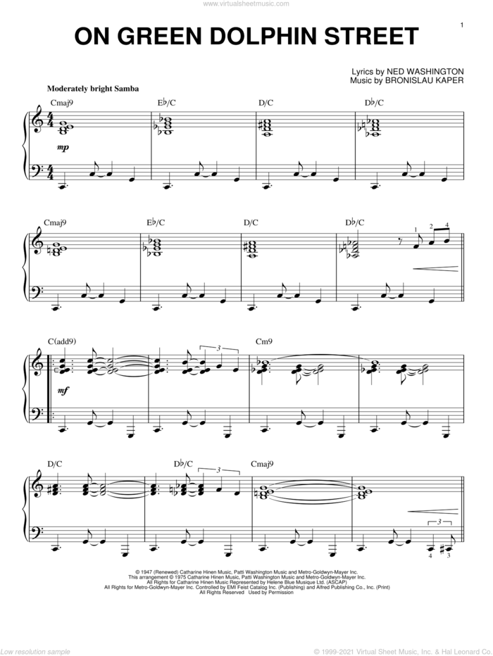 On Green Dolphin Street, (intermediate) sheet music for piano solo by Miles Davis, Bill Evans, Bronislau Kaper and Ned Washington, intermediate skill level