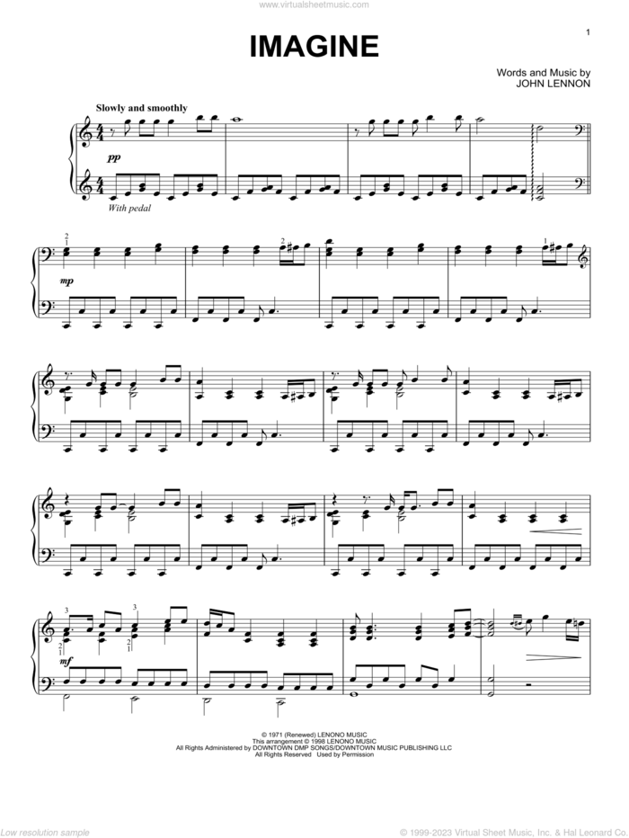 Imagine sheet music for piano solo by John Lennon, intermediate skill level