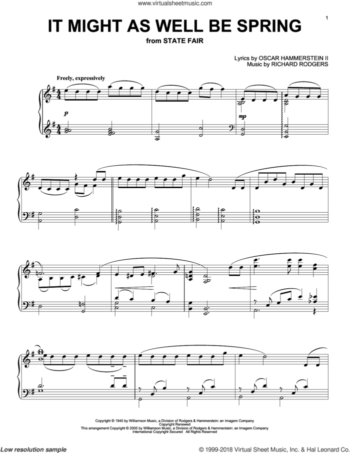 It Might As Well Be Spring, (intermediate) sheet music for piano solo by Rodgers & Hammerstein, State Fair (Musical), Oscar II Hammerstein and Richard Rodgers, intermediate skill level