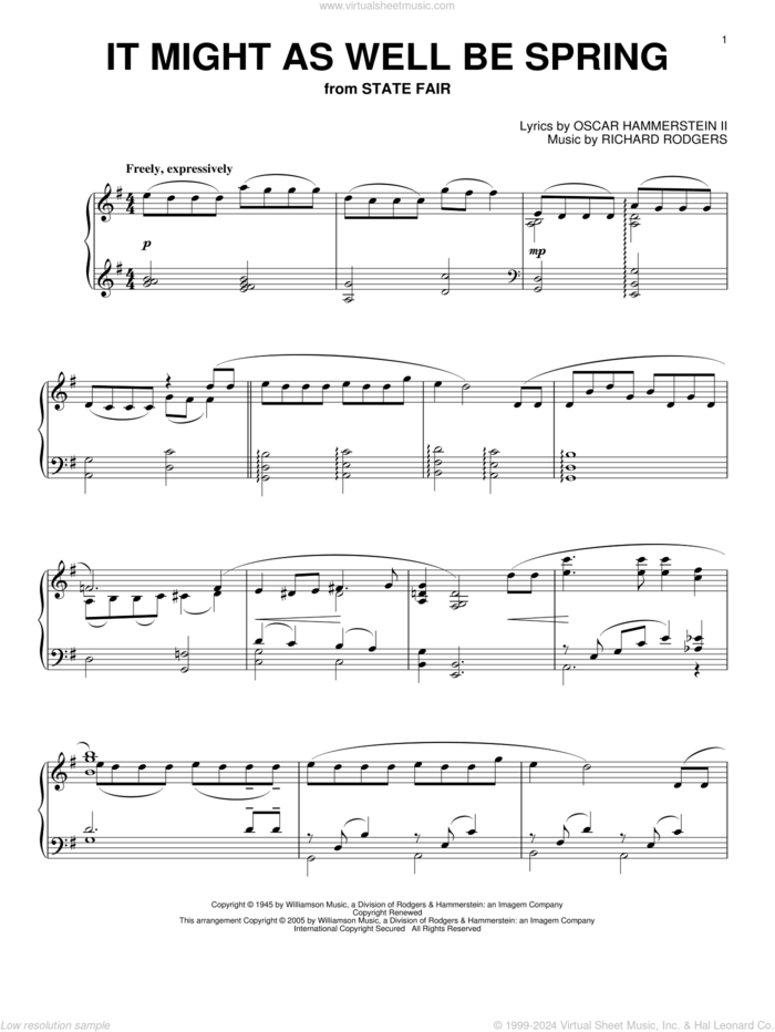 It Might As Well Be Spring, (intermediate) sheet music for piano solo by Rodgers & Hammerstein, State Fair (Musical), Oscar II Hammerstein and Richard Rodgers, intermediate skill level