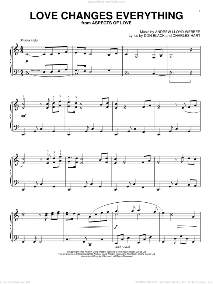 Love Changes Everything (from Aspects of Love), (intermediate) sheet music for piano solo by Andrew Lloyd Webber, Aspects Of Love (Musical), Charles Hart and Don Black, intermediate skill level