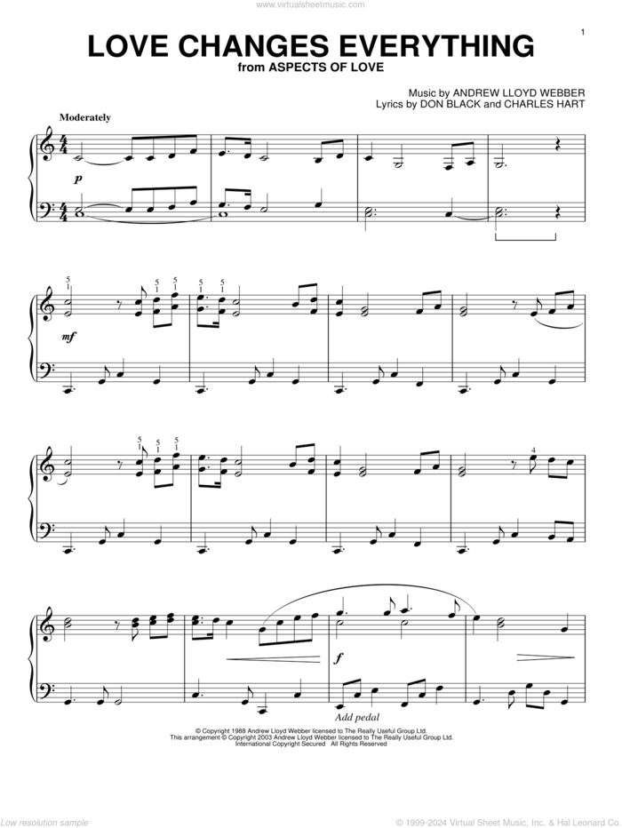 Love Changes Everything (from Aspects of Love), (intermediate) sheet music for piano solo by Andrew Lloyd Webber, Aspects Of Love (Musical), Charles Hart and Don Black, intermediate skill level